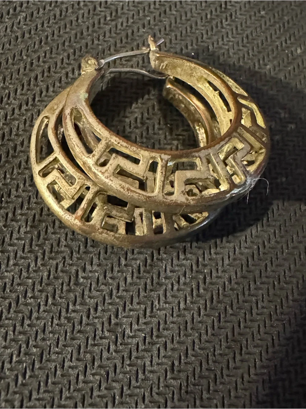 Silver Tone Greek Key Pattern cut-out Hoop Earrings